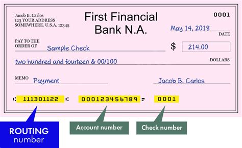 Routing number 111301122 - Routing Number. Enroll Now Make a Loan Payment ... Number of Items Included: 500: N/A: 200--Per Item over Limit: $0.50: N/A: $0.50--Per Deposit: Included in Items: ... First Financial Bank Routing Number: 111301122 First Financial Bank Non-Connected SWIFT/BIC: FITEUS41. Terms Of Use;